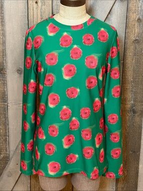 Jonathan Cohen Floral Rose Print Long Sleeve Stretch Top Green Pink Size Medium